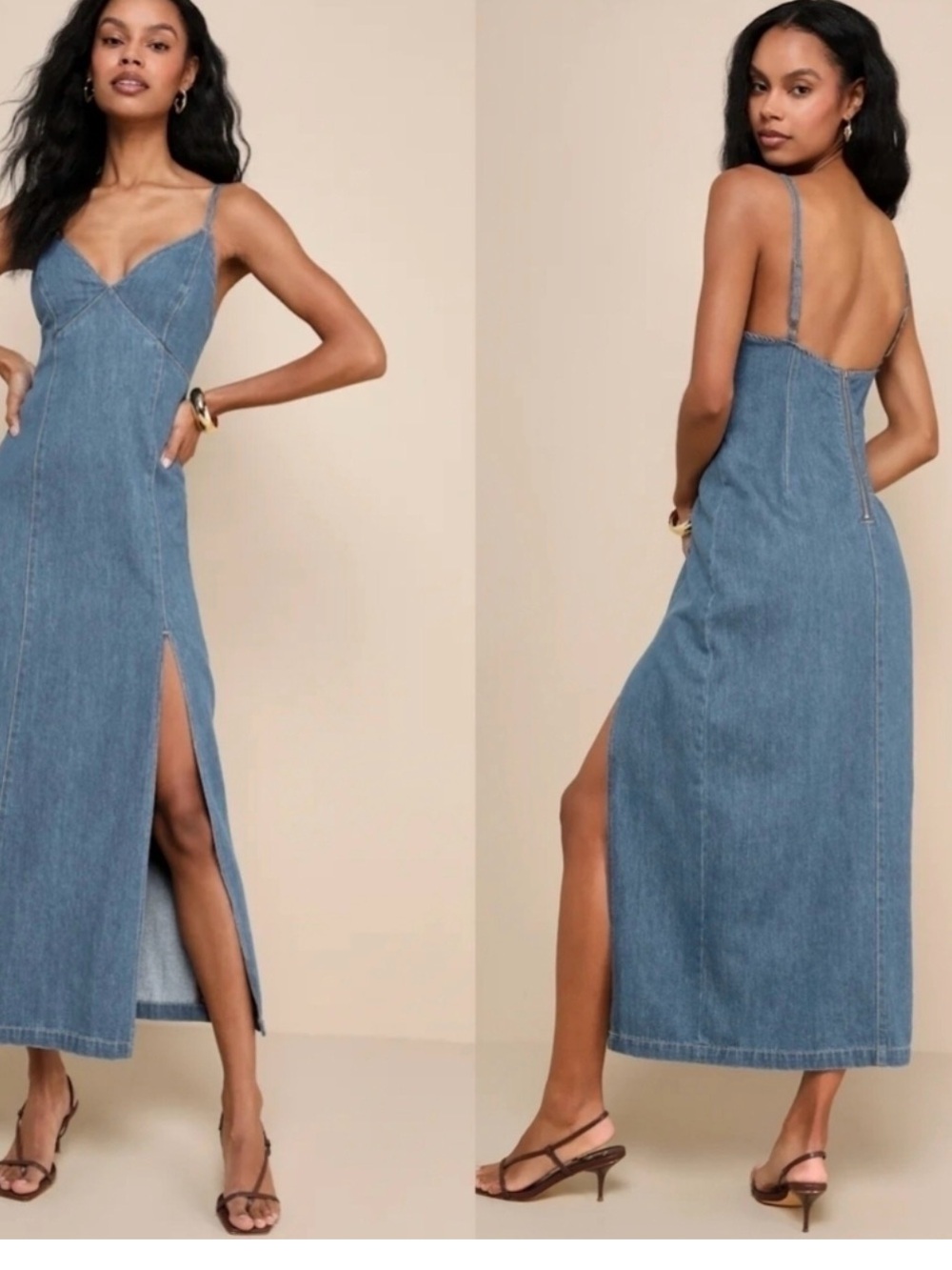 Lulu's Light Blue Denim Spaghetti-Strap Maxi Dress
